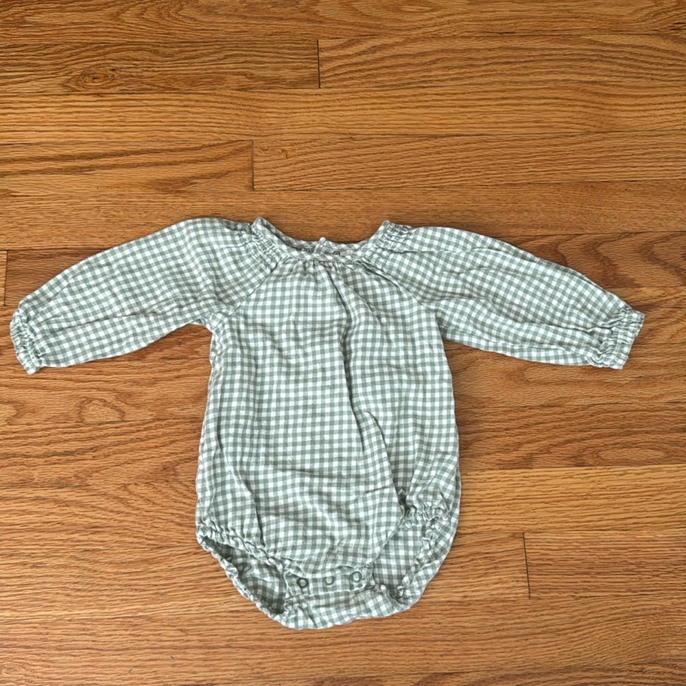 Green and white gingham/checkered long sleeved onesie